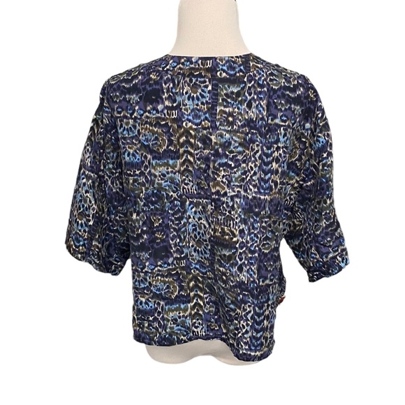 Vintage Rodier Silk Cropped Blouse Top Ikat Print Blue  Olive Size Small 38 - Picture 5 of 9